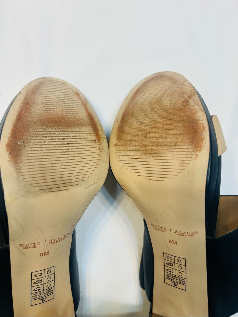 White House Black Market Black and Beige Leather Block Heel Sandals - Picture 8 of 8